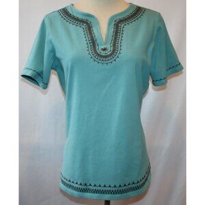 DENIM & CO Stretch Brown Embroidered T-shirt SMALL Turquoise